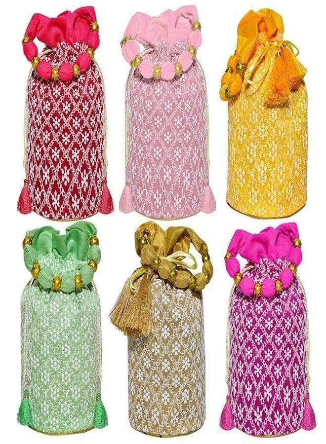 ANKIT TRADERS Traditional Chikankari Work Potli Purse For Women With Zipper, Potli Purse, Baby Shower, Potli Bags For Gifting (Set Of 6), Assorted Multicolor - Image 1